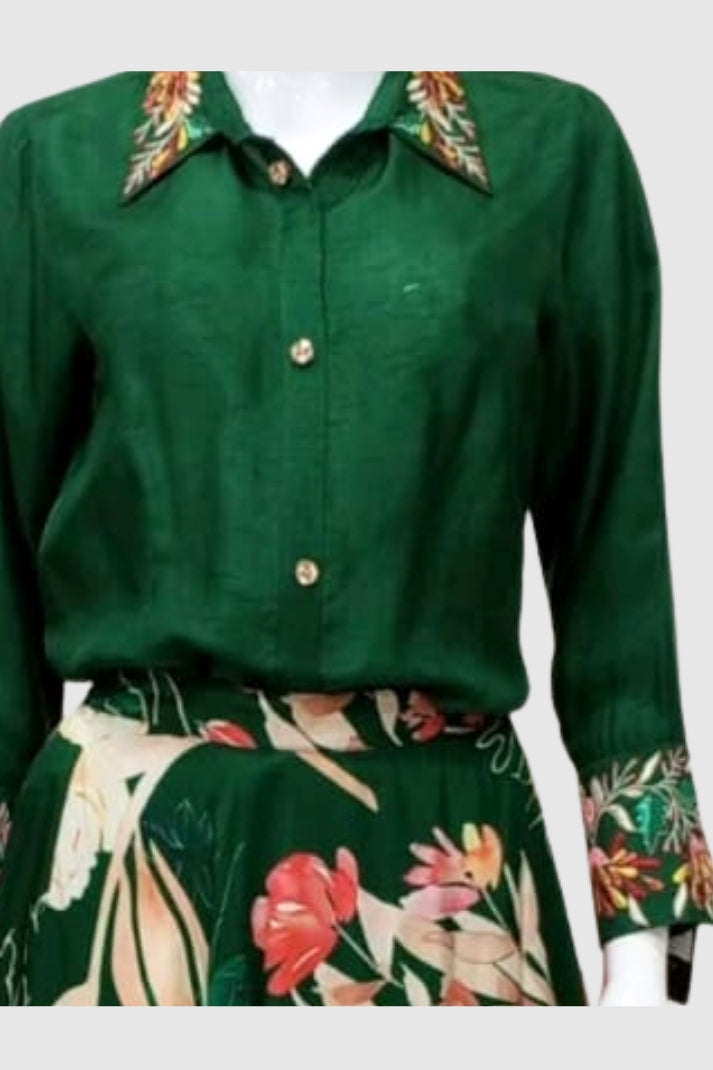 Green Silk Printed Lehenga with Hand-Embroidered Collar Shirt – Party Wear Women’s Ethnic Outfit