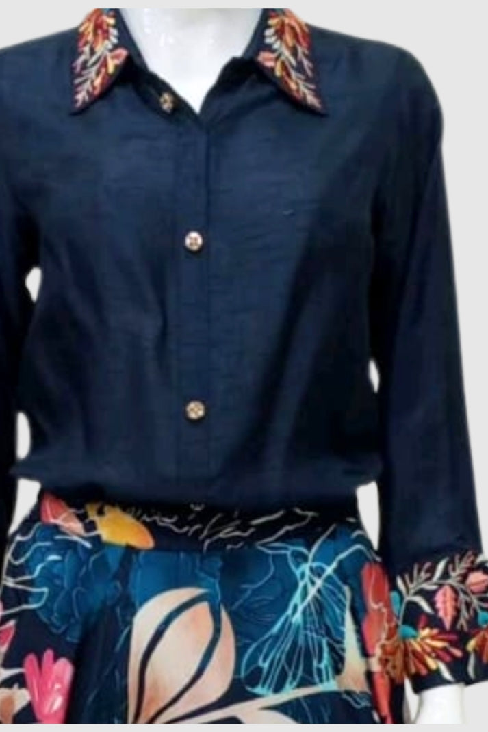 Navy Silk Printed Lehenga with Hand-Embroidered Collar Shirt – Party Wear Women’s Ethnic Outfit