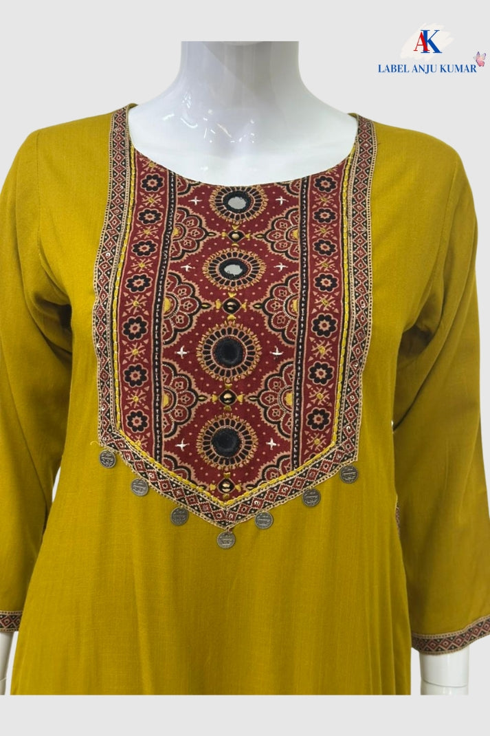 Mustard Rayon-Cotton Coord Set with Kalamkari Print Patchwork on Neck & Straight Trousers | Label Anju Kumar