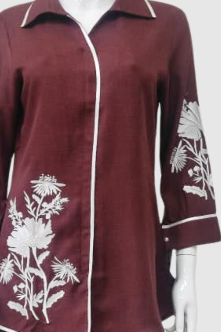 Rust Cotton Lilen Coord Set with Collar Style & Thread Work | Label Anju Kumar