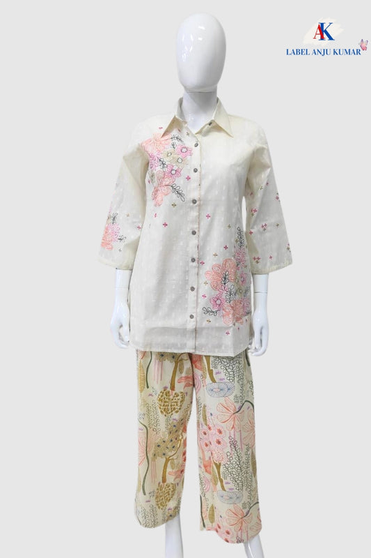 Off White Pure Cotton Embroidered Coord Set with Printed Straight Trousers