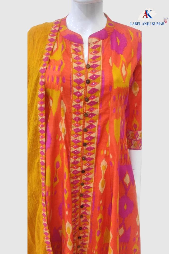 Rust Cotton Embroidered Anarkali Suit Dupatta Set – Traditional Women’s Ethnic Wear