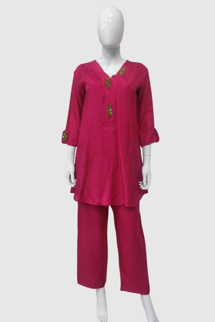 Majinta Dola Silk Coord Set with Hand Embroidery on Neck, Sleeves & Back | Label Anju Kumar