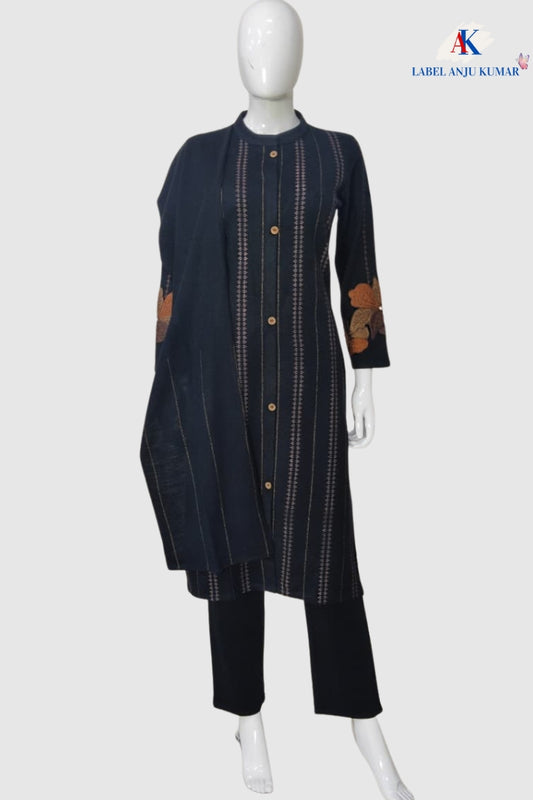 Black Woollen Embroidered Suit Dupatta Set – Cozy Winter Ethnic Wear | Label Anju Kumar