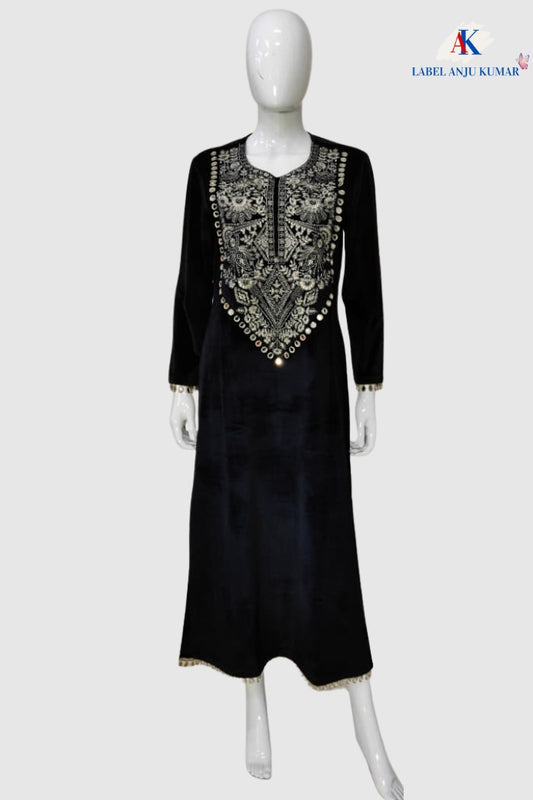 Black Velvet Kaftaan-Style Long One-Piece Dress with Elegant Zari Embroidery – Women’s Ethnic Wear