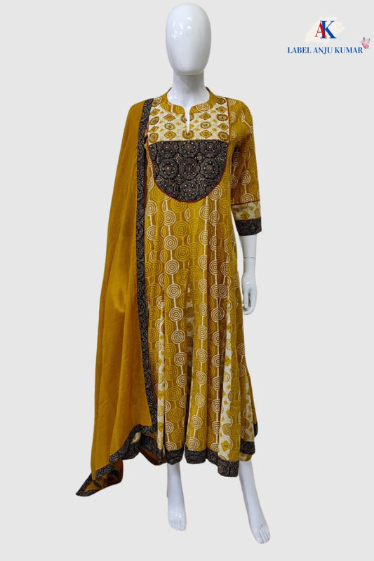 Mustard Pure Cotton Anarkali Suit with Patch Work & Kota Doria Dupatta – Women’s Ethnic Wear