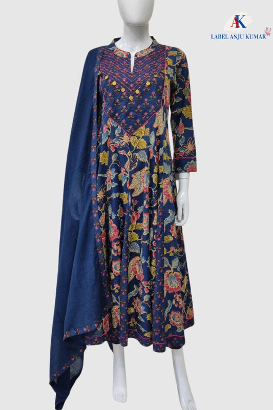 Navy Blue Pure Cotton Anarkali Suit with Patch Work & Kota Doria Dupatta – Women’s Festive Wear