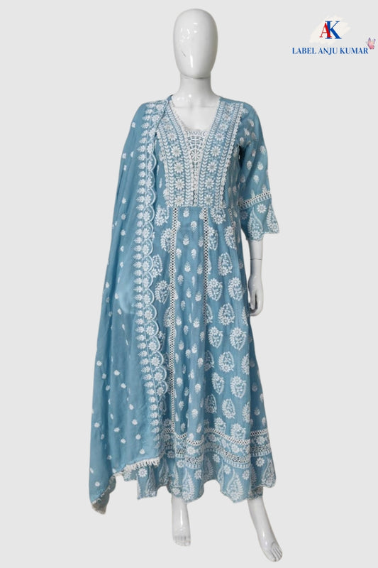 Sky Blue Chikankari Anarkali Suit Dupatta Set – Elegant Malmal Cotton Office Wear | Label Anju Kumar