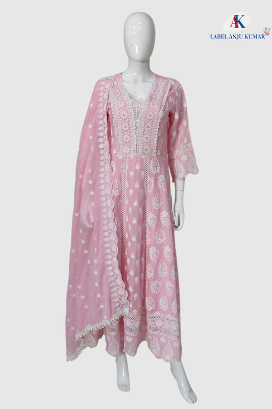 Pink Chikankari Anarkali Suit Dupatta Set – Semi Formal Malmal Cotton Suit | Label Anju Kumar