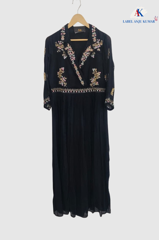 Pure Chinon Silk Black Long Party Wear Gown with Dubka & Zardozi Hand Embroidery