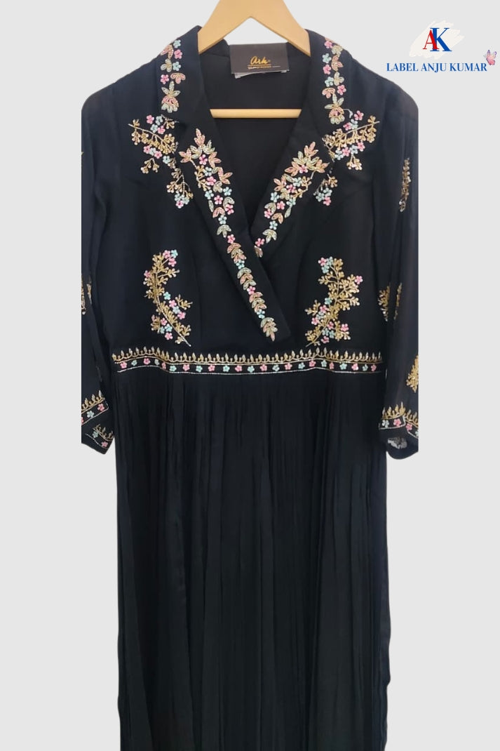 Pure Chinon Silk Black Long Party Wear Gown with Dubka & Zardozi Hand Embroidery