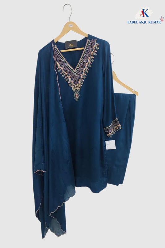 Pure Chinon Silk T Blue Farshi Salwar Suit with Dubka & Zardozi Hand Embroidery