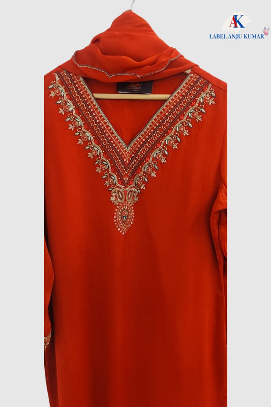 Pure Chinon Silk Rust Farshi Salwar Suit with Dubka & Zardozi Hand Embroidery