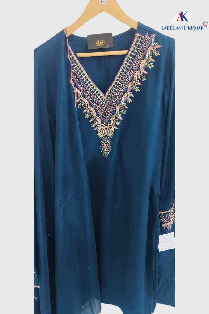 Pure Chinon Silk T Blue Farshi Salwar Suit with Dubka & Zardozi Hand Embroidery