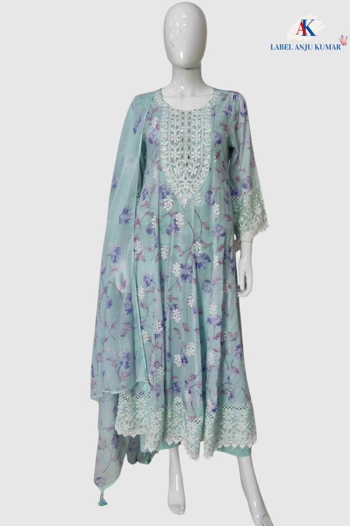 Sky Blue Pure Mal Cotton Digital Printed Chikan Work Anarkali Suit Set