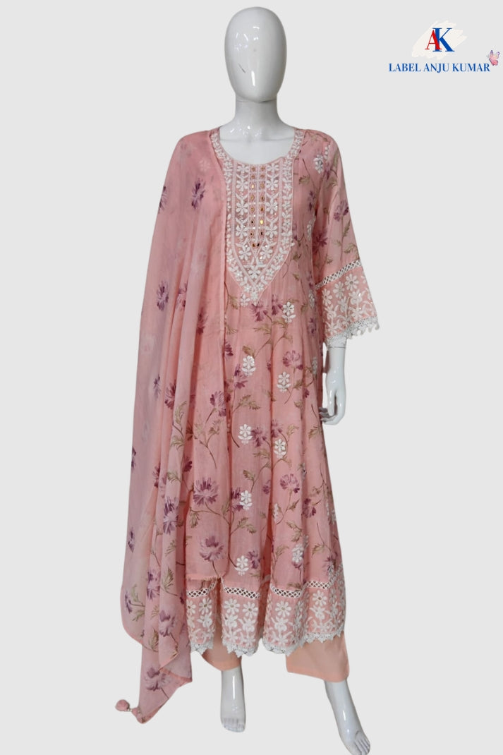 Peach Pure Mal Cotton Digital Printed Chikan Work Anarkali Suit Set
