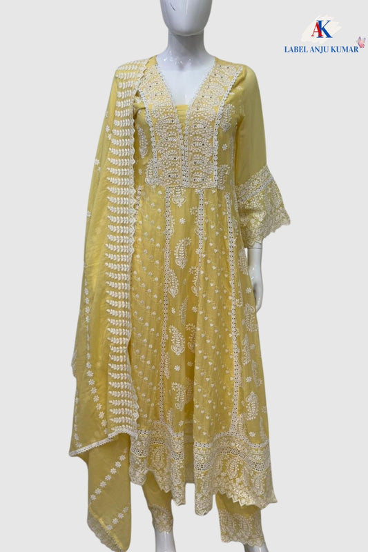Lemon Pure Mal Cotton Chikan Work Anarkali Suit Set with Dupatta