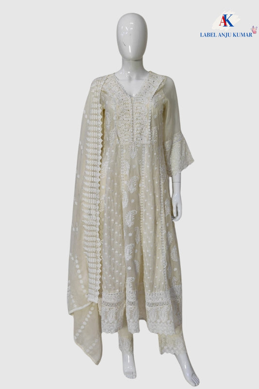 Ivory Pure Mal Cotton Chikan Work Anarkali Suit Set with Dupatta