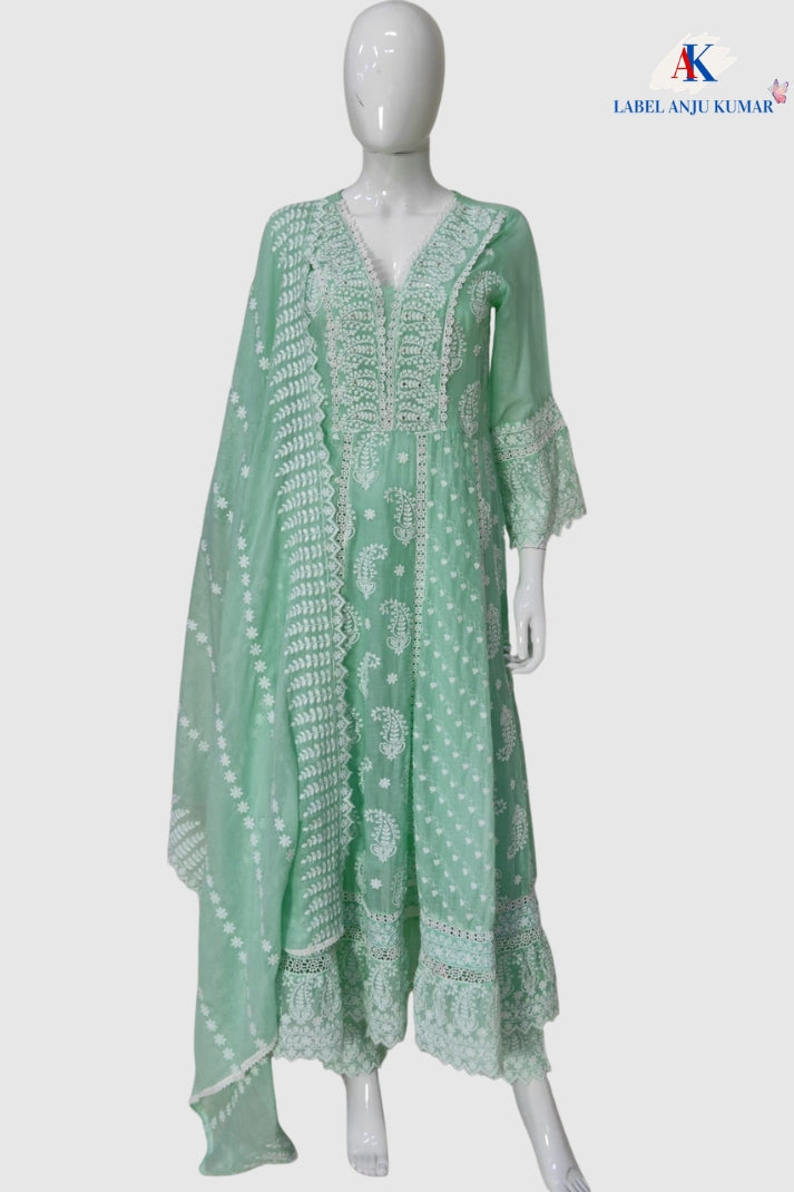 Sea Green Pure Mal Cotton Chikan Work Anarkali Suit Set with Dupatta