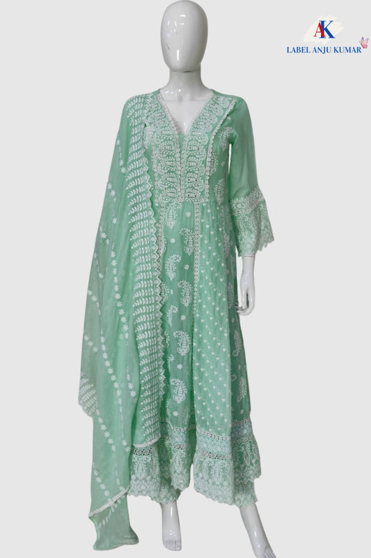 Sea Green Pure Mal Cotton Chikan Work Anarkali Suit Set with Dupatta