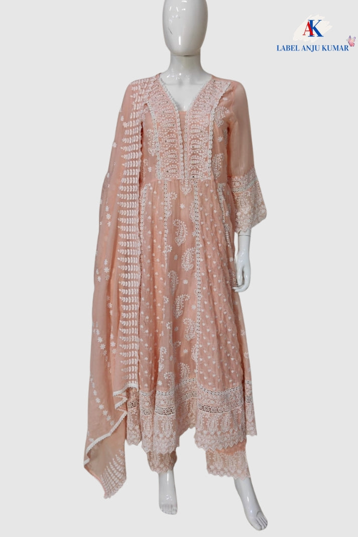 Peach Pure Mal Cotton Chikan Work Anarkali Suit Set with Dupatta