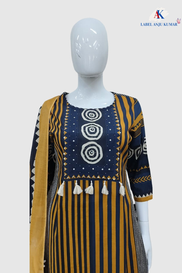 Mustard Pure Cotton Printed Straight Suit Dupatta Set