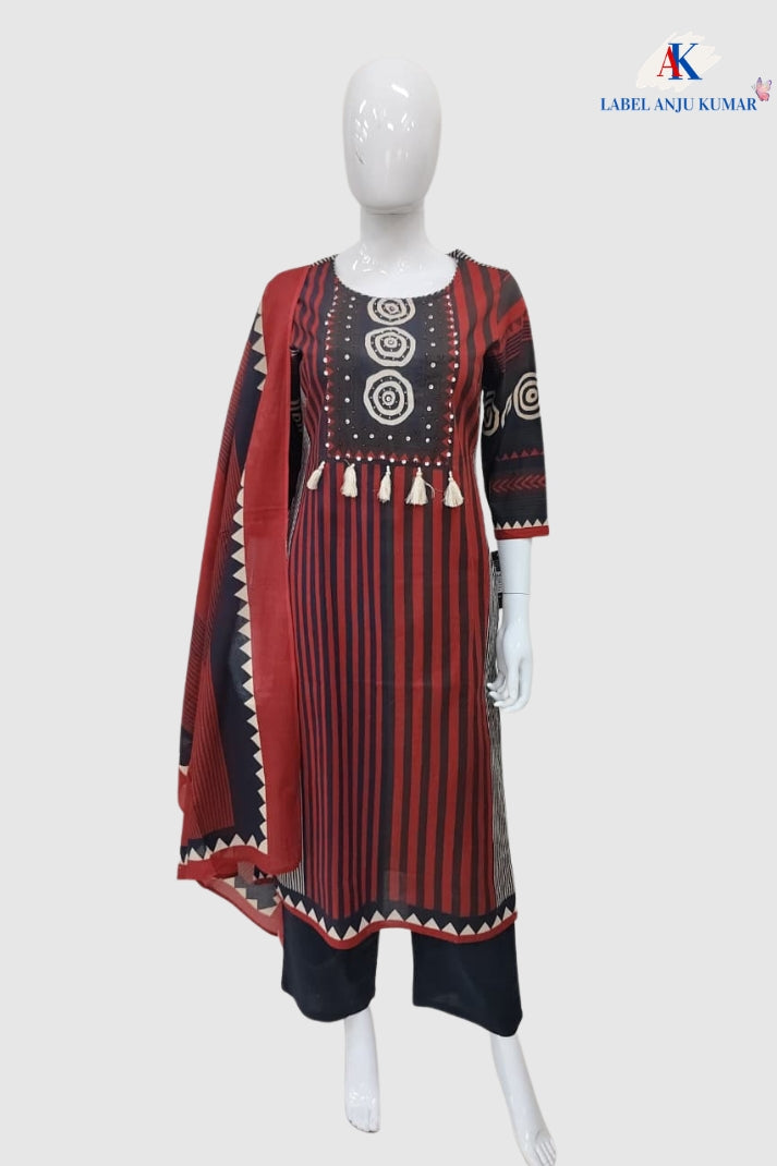Mehroon Pure Cotton Printed Straight Suit Dupatta Set