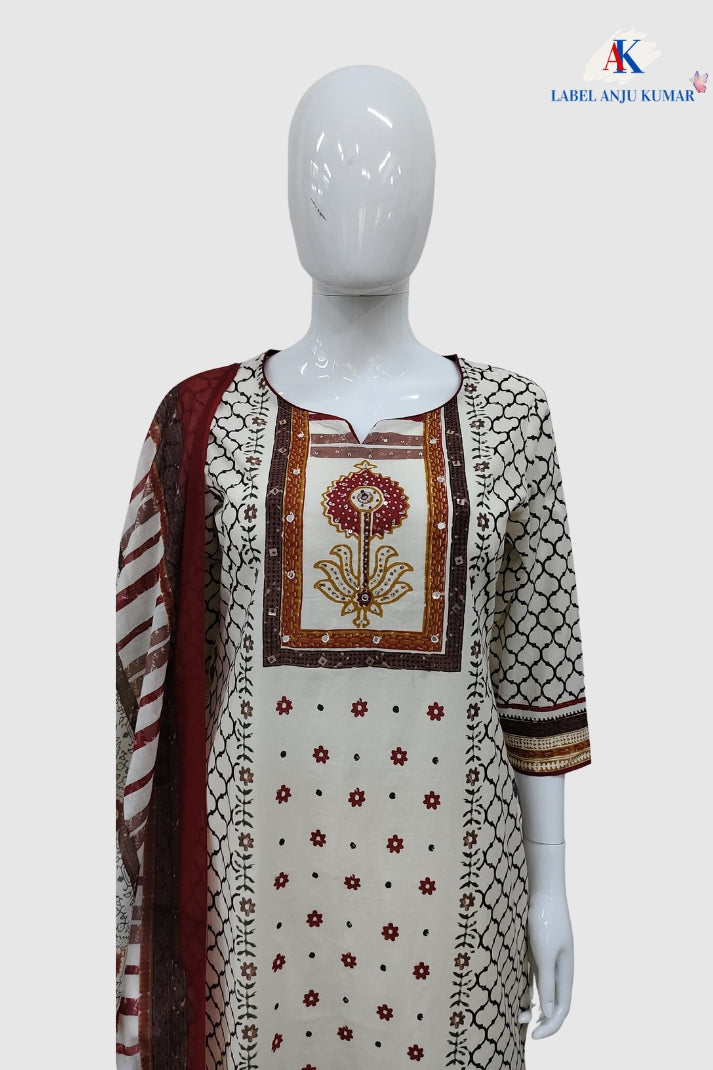 Offwhite Mustard Pure Cotton Printed Straight Suit Dupatta Set