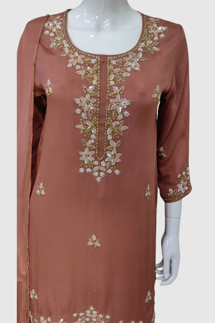 Light Rust Pure Chinon Sharara Suit Dupatta Set with Heavy Embroidery