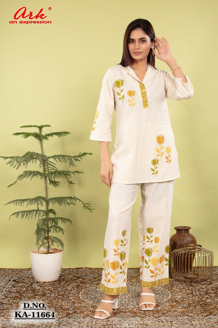 Off White Yellow Khadi Cotton Coord Set with Patch Work and Straight Trousers