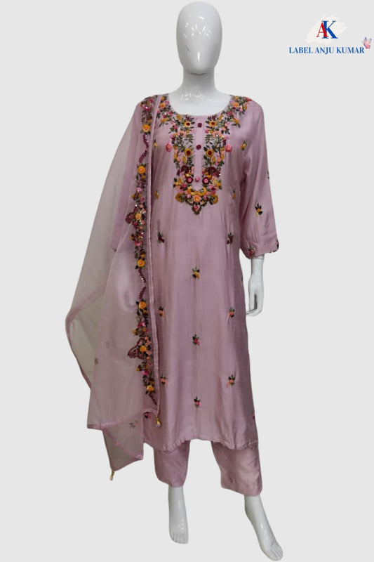 Dusty Pink Dola Silk Zardozi Suit Dupatta Set with Organza Dupatta