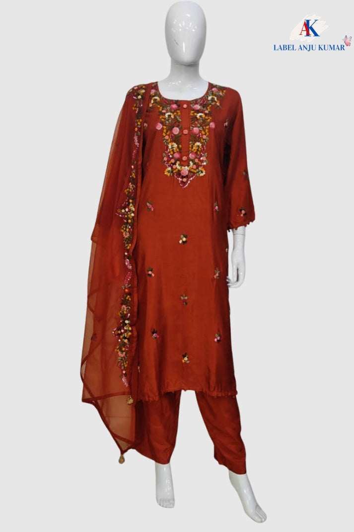 Rust Dola Silk Zardozi Suit Dupatta Set with Organza Dupatta
