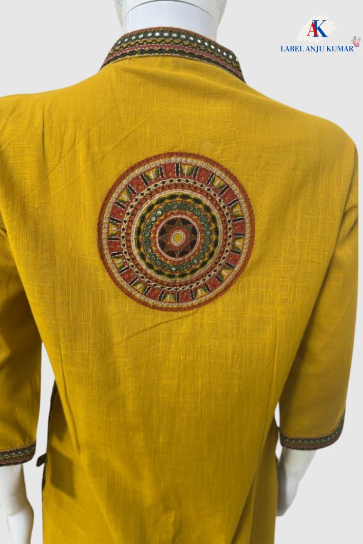 Mustard Cotton Slub Embroidered Straight Kurta with Trousers