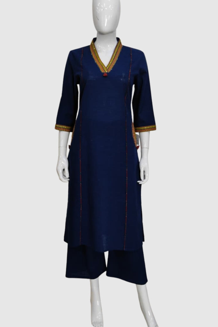 Royal Blue Cotton Slub Embroidered Straight Kurta with Trousers