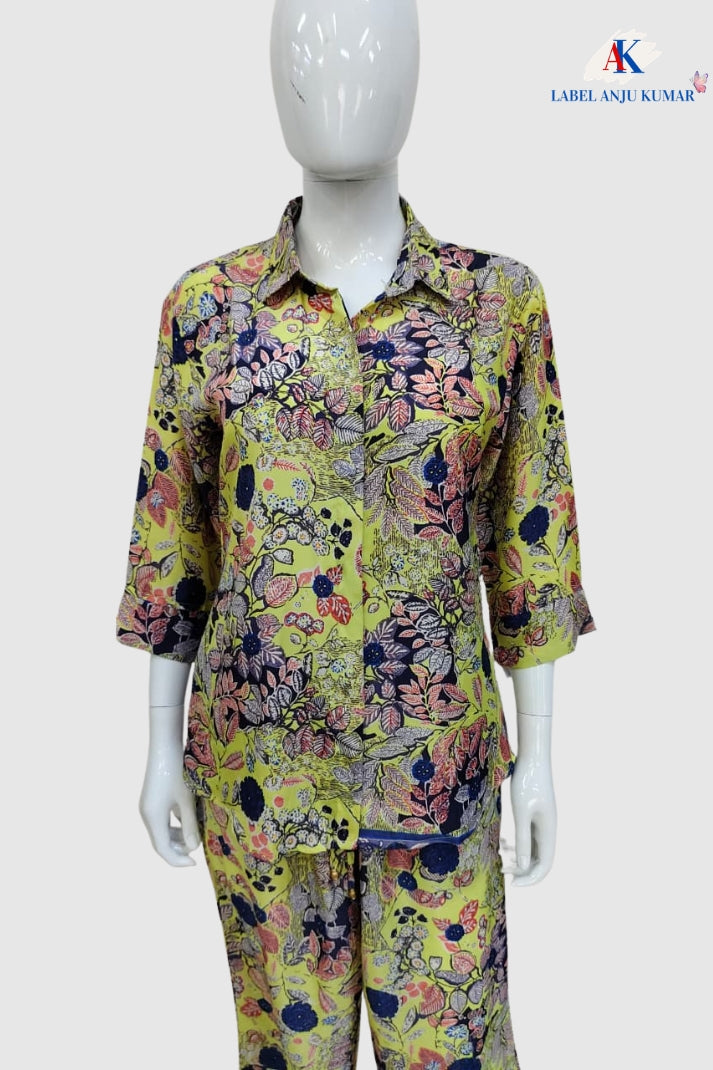 Multicolour Crepe Digital Printed Shirt Style Coord Set with Trousers
