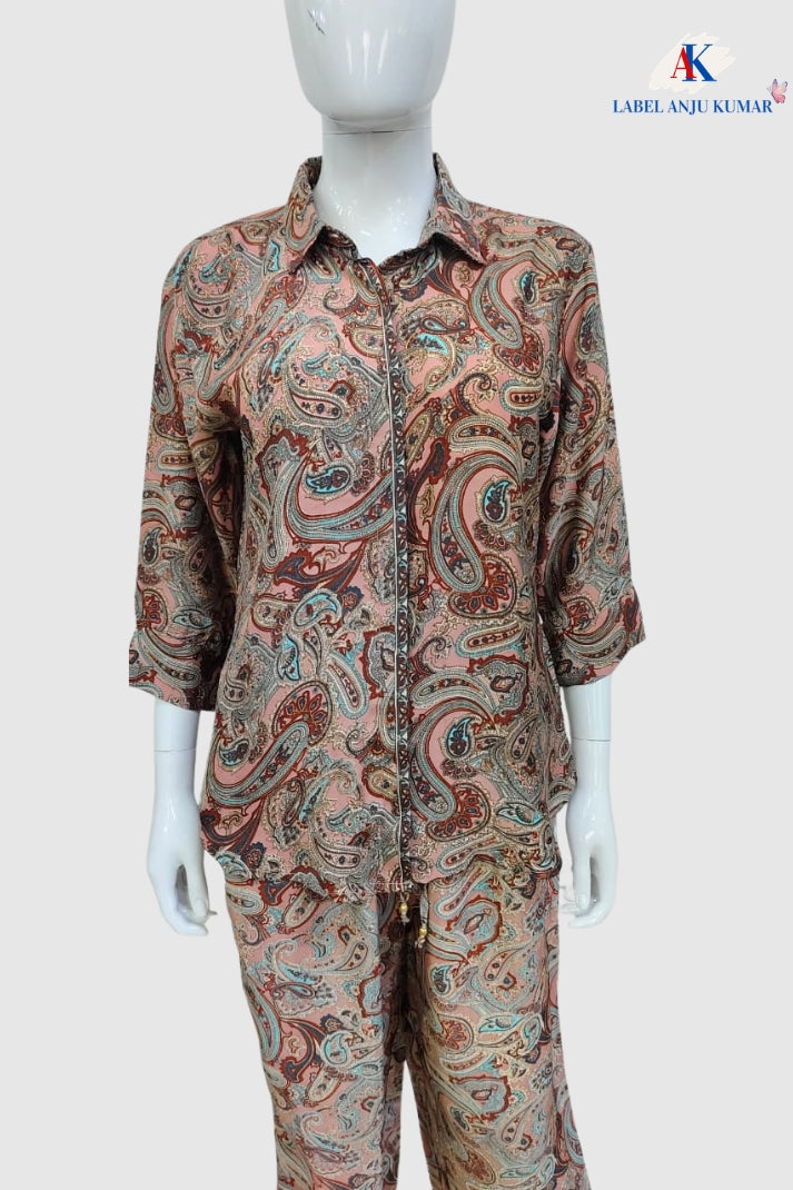 Multicolour Crepe Digital Printed Shirt Style Coord Set with Trousers
