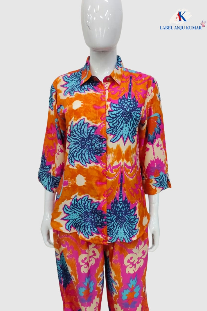Multicolour Crepe Digital Printed Shirt Style Coord Set with Trousers