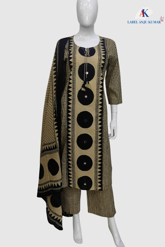 Black Cotton Geometrical Printed Suit Dupatta Set with Mirror Work