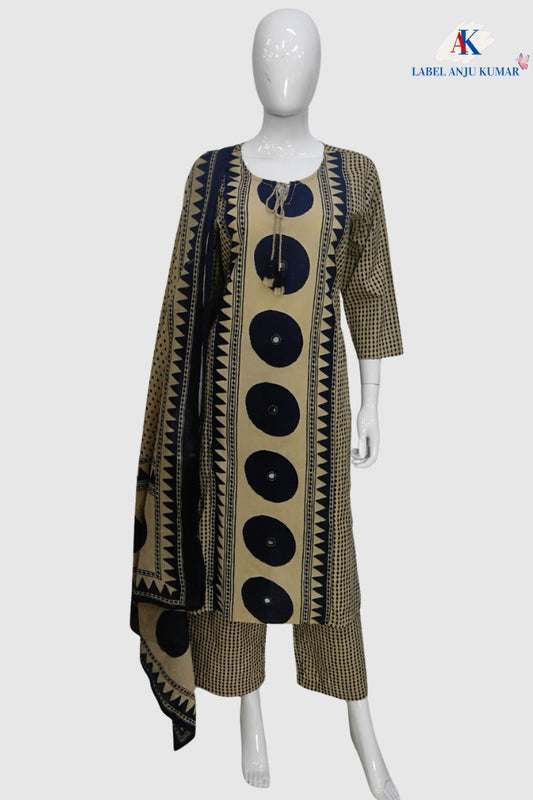 Navy Cotton Geometrical Printed Suit Dupatta Set with Mirror Work