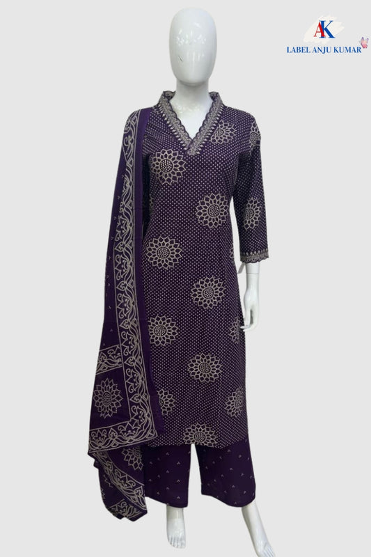 Purple Cotton Printed Suit Dupatta Set with V-Neck Embroidery
