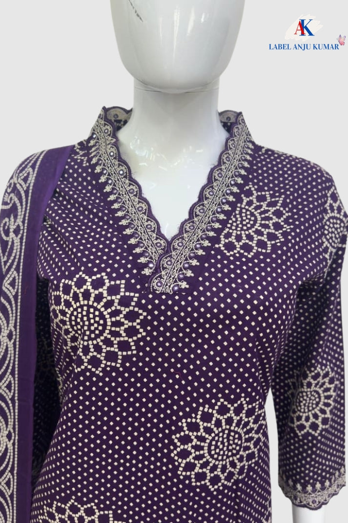 Purple Cotton Printed Suit Dupatta Set with V-Neck Embroidery