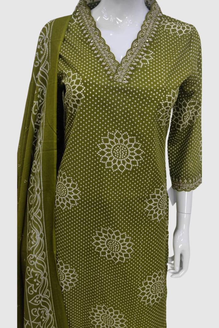 Mehendi Green Cotton Printed Suit Dupatta Set with V-Neck Embroidery