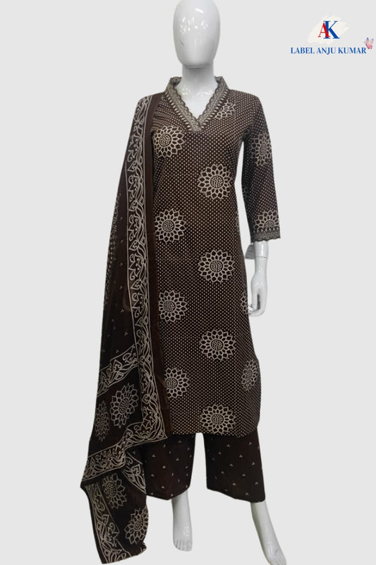 Brown Cotton Printed Suit Dupatta Set with V-Neck Embroidery