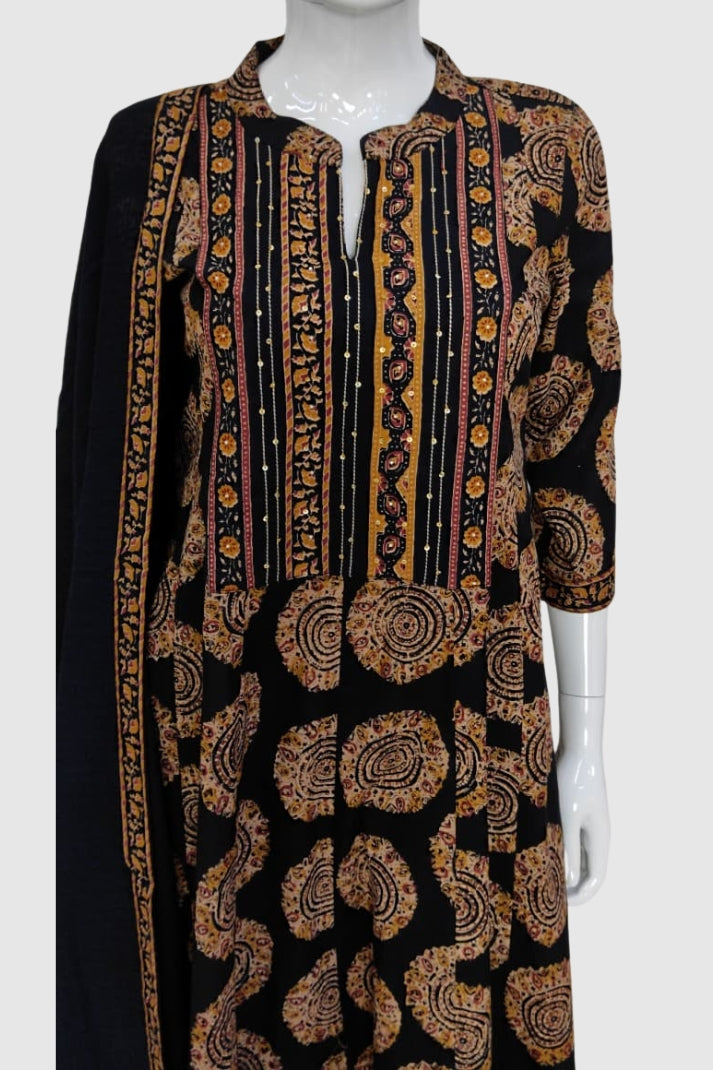 Black Cotton Printed Anarkali Suit Dupatta Set with Embroidery