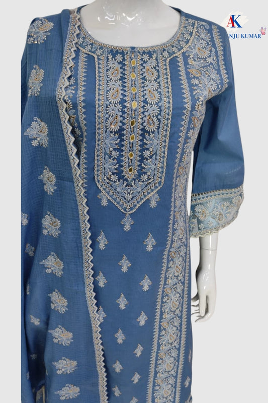 Powder Blue Chikankari Cotton Suit Dupatta Set with Heavy Embroidery