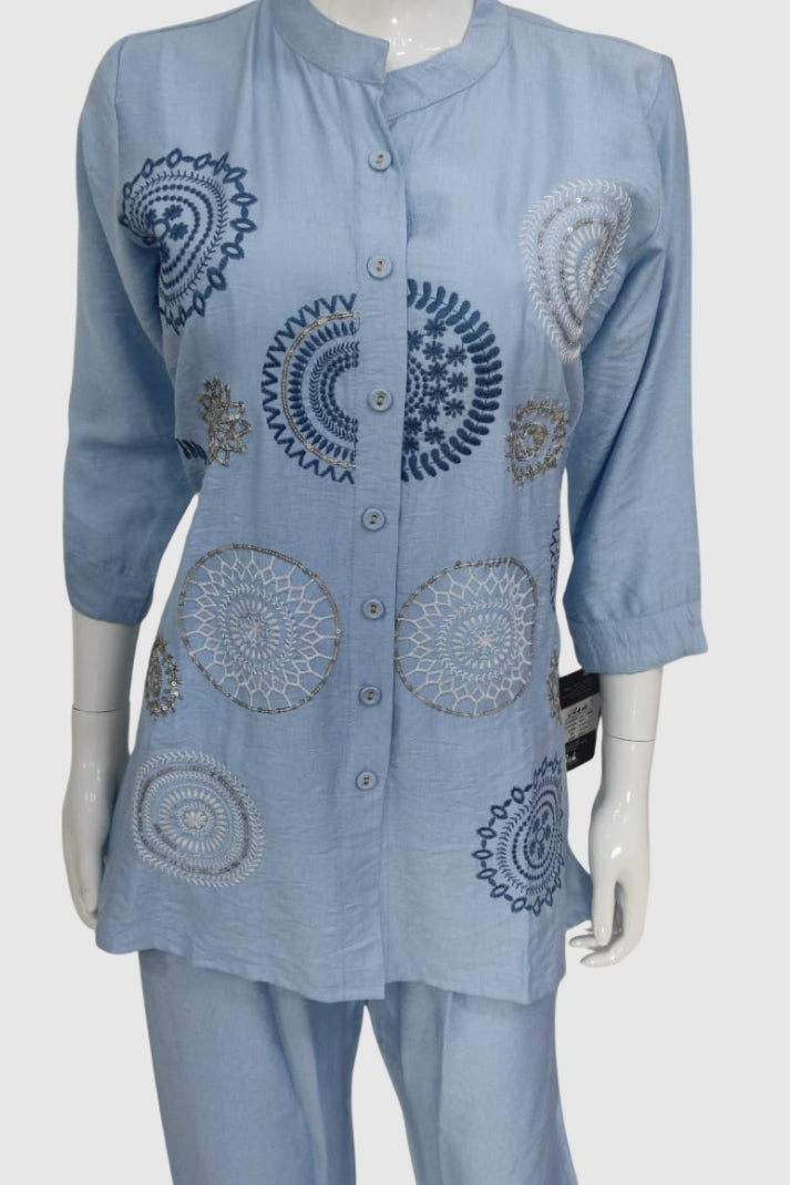 Sky Imported Linen Coord Set with Embroidery Work