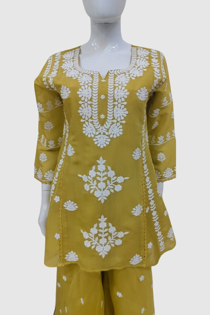 Mustard Mal Chanderi Chikankari A-Line Coord Set
