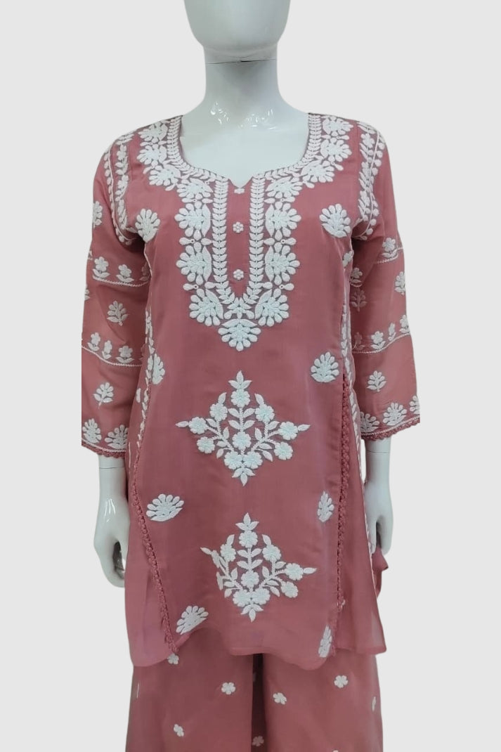 Dusty Pink Mal Chanderi Chikankari A-Line Coord Set