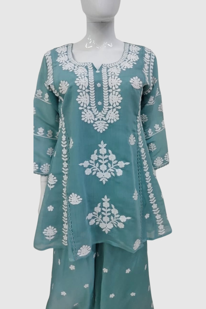 Sky Mal Chanderi Chikankari A-Line Coord Set