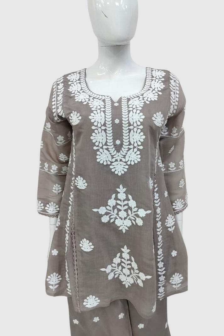 Mouse Mal Chanderi Chikankari A-Line Coord Set